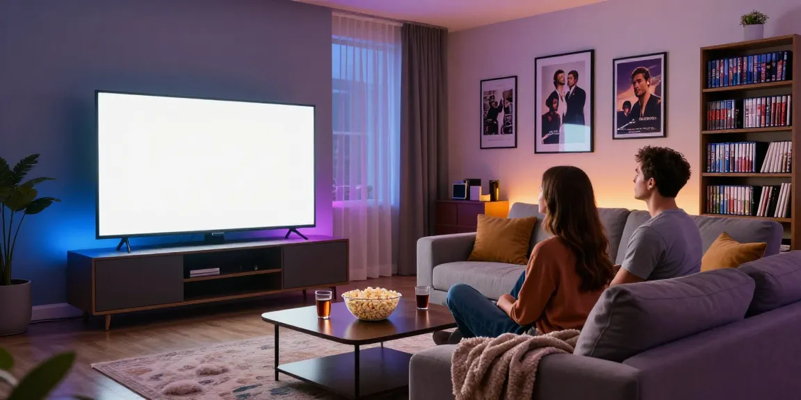 Couple enjoying JAV with Indonesian subtitles in a cozy home media room.