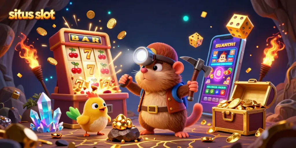 Experience jackpot excitement with situs slot treasures and colorful gaming elements in this vibrant 3D illustration