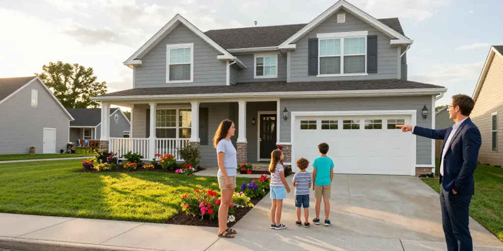 Family exploring a property with a real estate agent, showcasing the inviting suburban home.