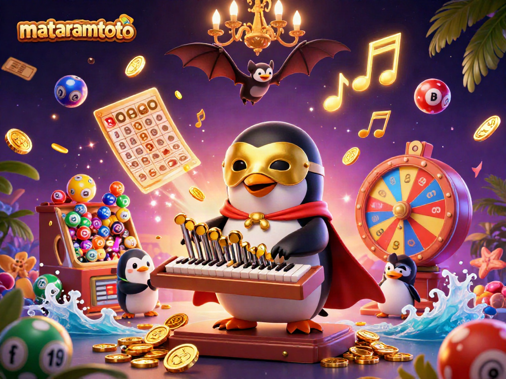 Experience winning moments with mataramtoto featuring a whimsical penguin and vibrant lottery elements.