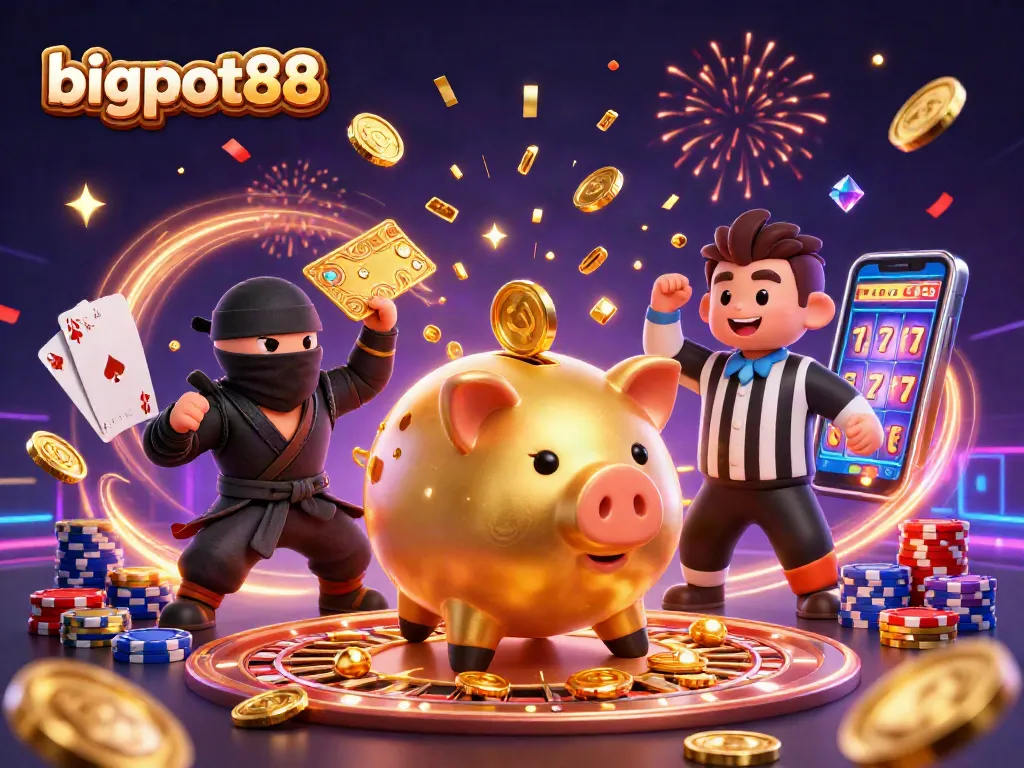 Merayakan keberuntungan di bigpot88 dengan karakter kasino yang menarik dan elemen game yang meriah.