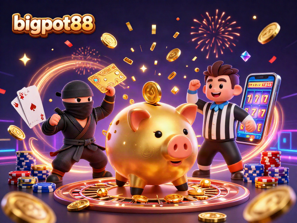 Merayakan keberuntungan di bigpot88 dengan karakter kasino yang menarik dan elemen game yang meriah.