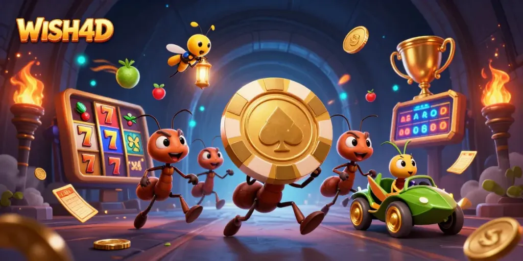 Experience exciting gaming action at WISH4D with golden poker chips and vibrant slots!