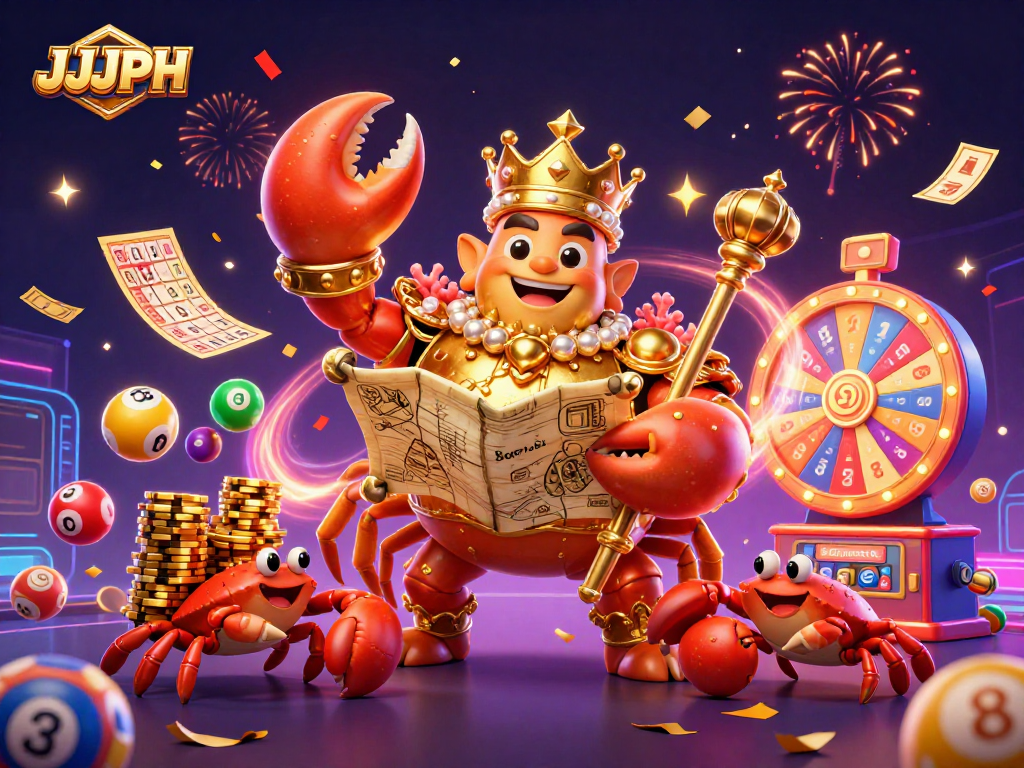 Experience excitement with JJJPH, featuring colorful lottery elements and a regal crab emperor.