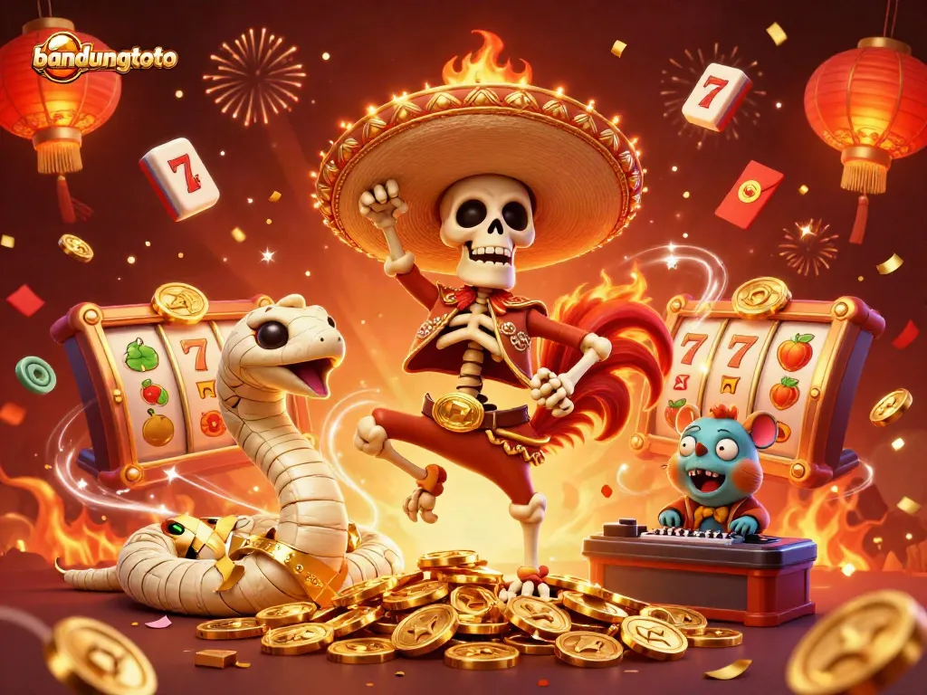 Experience the vibrant world of bandungtoto with a lively casino celebration featuring unique characters and golden elements.