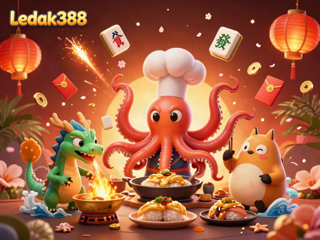 Experience thrilling gameplay with Ledak388's vibrant casino scene featuring a culinary octopus chef and festive decorations.