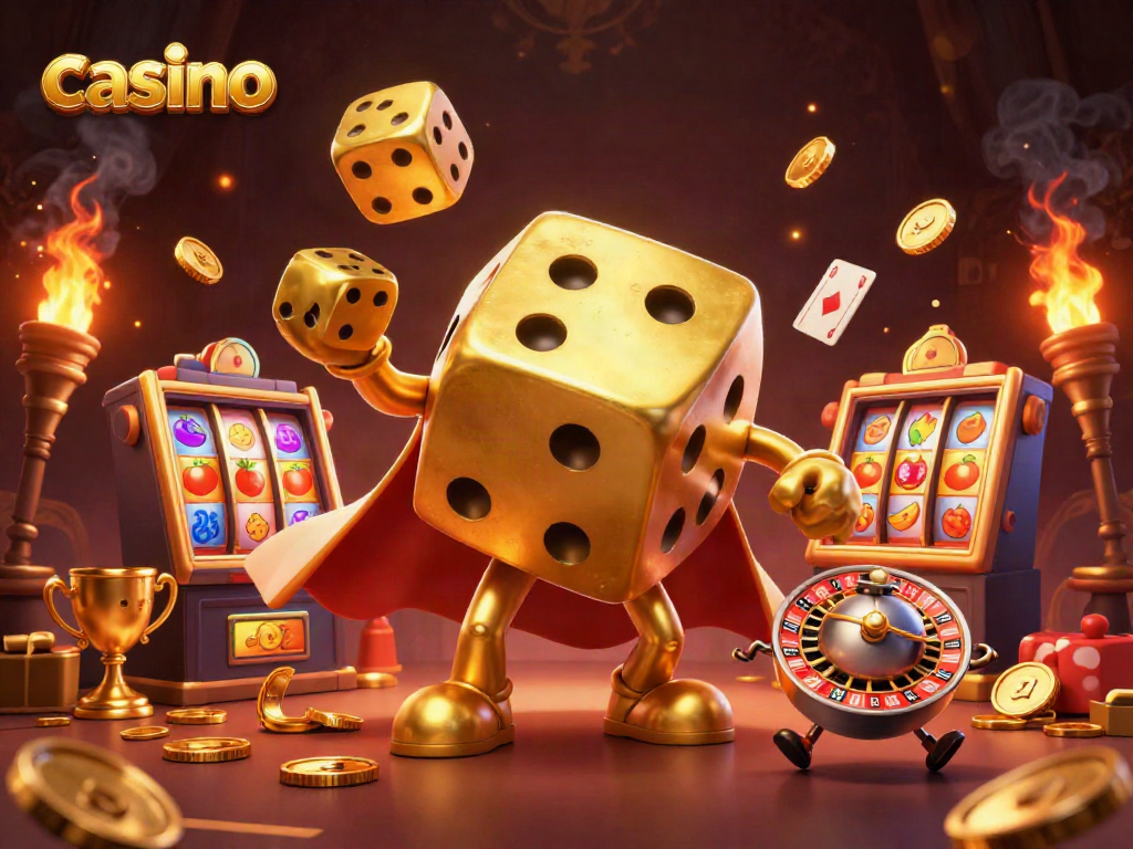 Experience thrilling casino fun with dynamic slots and golden dice in this vibrant illustration.