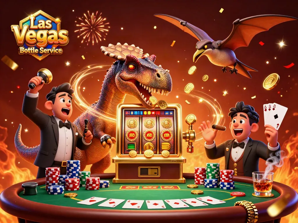 Experience Las Vegas Bottle Service with an exciting scene of animated dinosaurs and gaming elements.