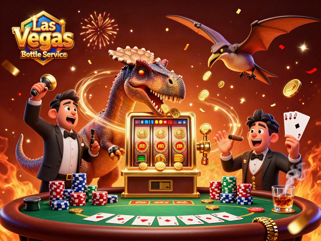Experience Las Vegas Bottle Service with an exciting scene of animated dinosaurs and gaming elements.