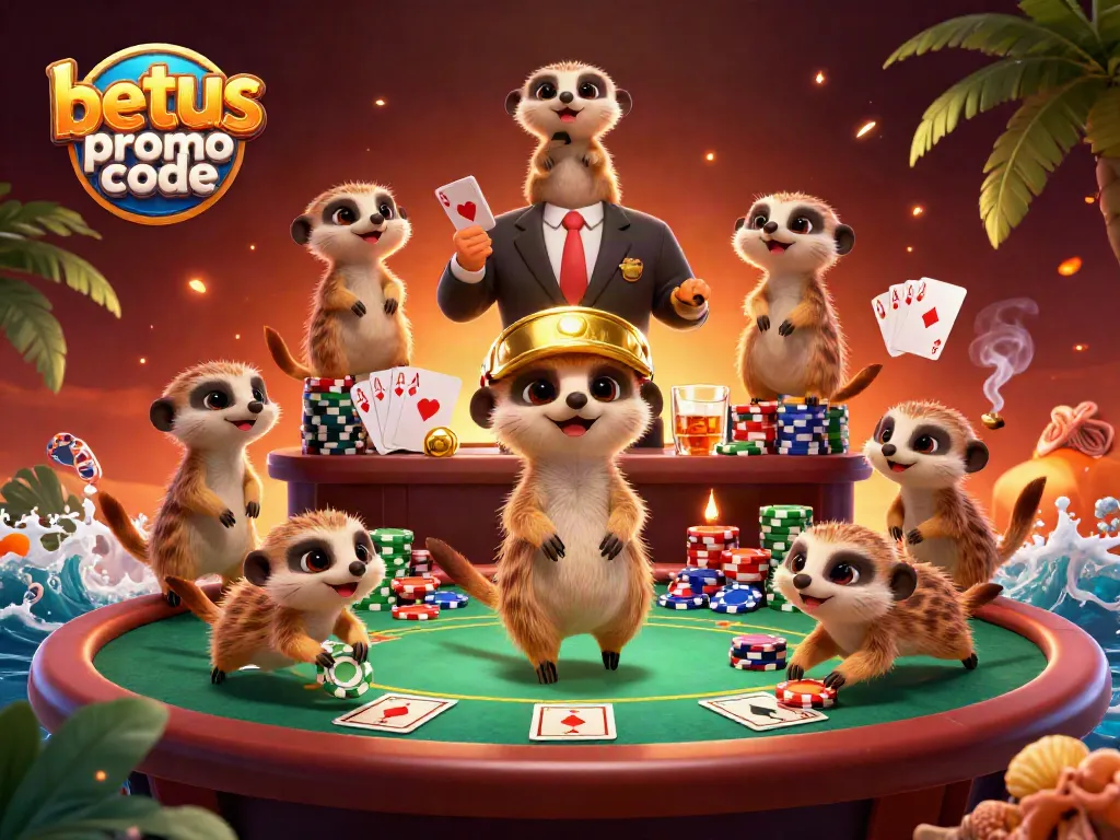 BetUS promo code illustration featuring meerkats in a dynamic casino scene, showcasing poker elements.