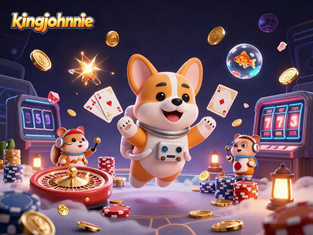 Engage in thrilling gameplay at Kingjohnnie Casino, vibrant with cosmic characters and casino elements.