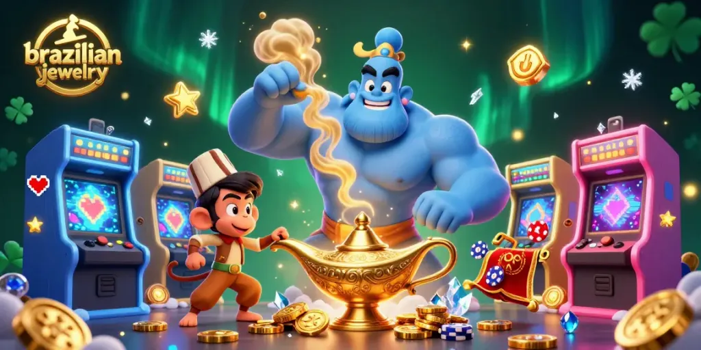 Experience the charm of brazilian jewelry with a vibrant casino-themed 3D illustration showcasing magical elements.