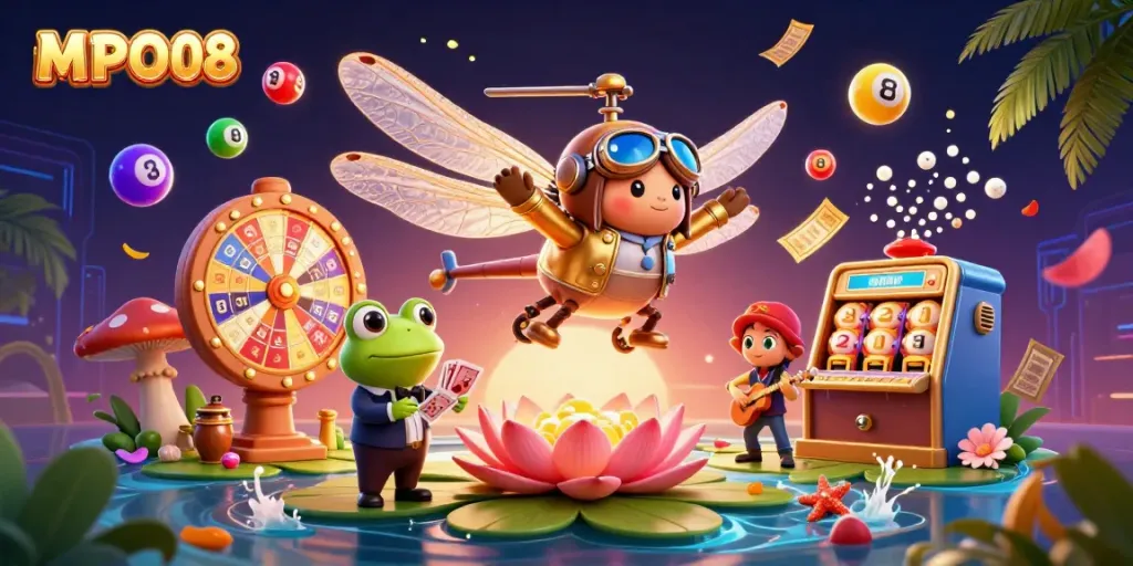 Enjoy engaging in exciting games at MPO08 with vibrant casino elements and lively characters.