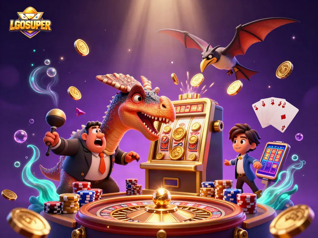 LGOSUPER showcases a fantastical scene with dinosaurs amidst vibrant casino elements, capturing excitement and gameplay.