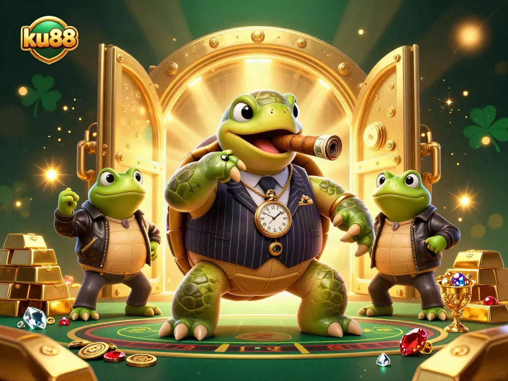 ku88 features a snapping turtle in a mobster suit surrounded by treasure and game elements in a casino scene.
