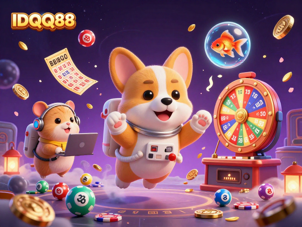 Experience thrilling wins with IDQQ88 in a vibrant 3D space casino scene full of floating prizes.