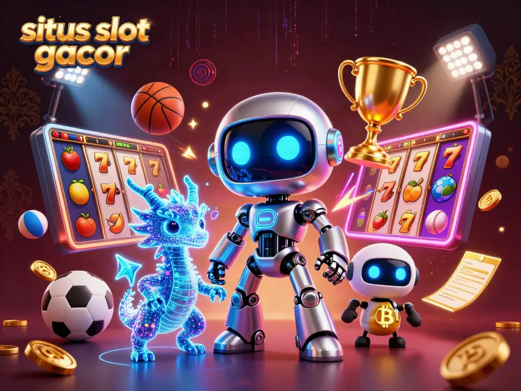 Engage with the vibrant situs slot gacor atmosphere featuring a cyberpunk robot and holographic companions.