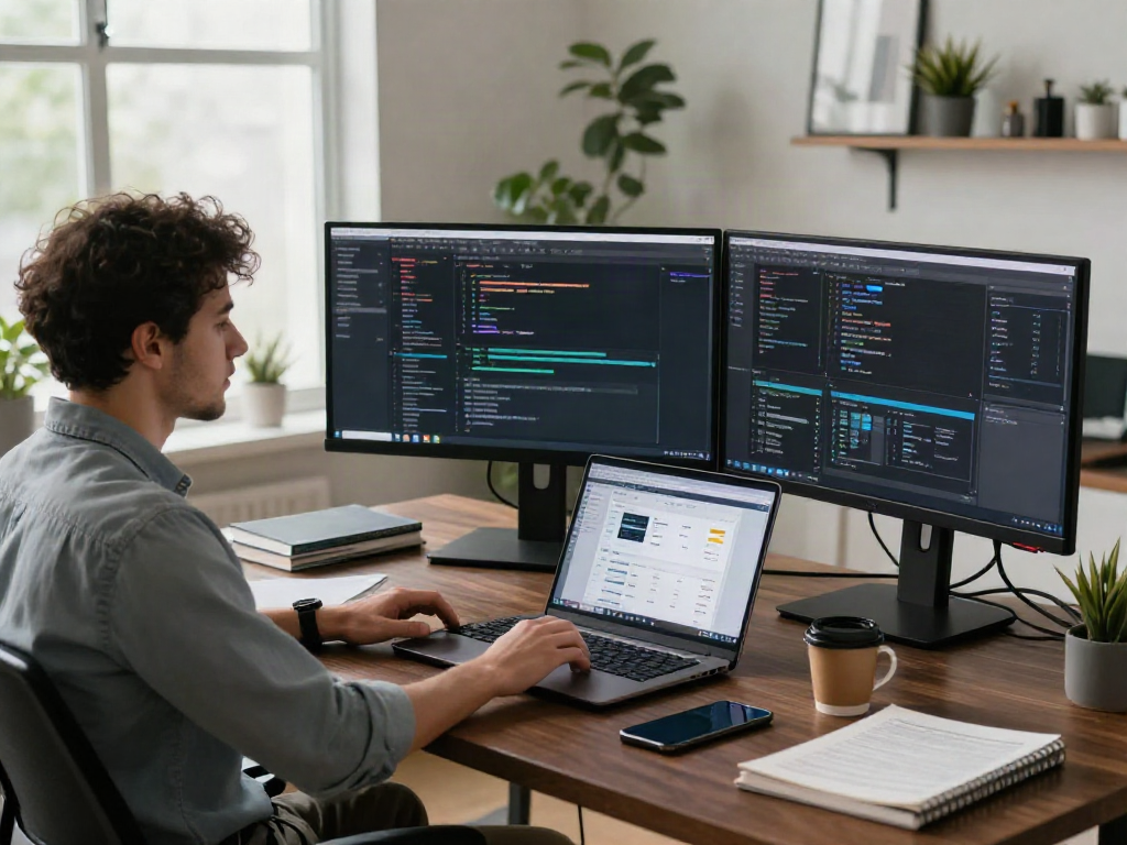 Workspace pengembang perangkat lunak modern dengan layar kode dan alat debugging, menggunakan ServerPG untuk efektivitas pengembangan.