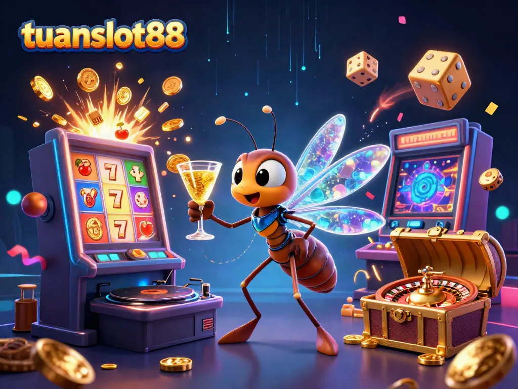 Tuanslot88 menampilkan simbol jackpot di mesin slot dengan suasana kasino yang mewah.