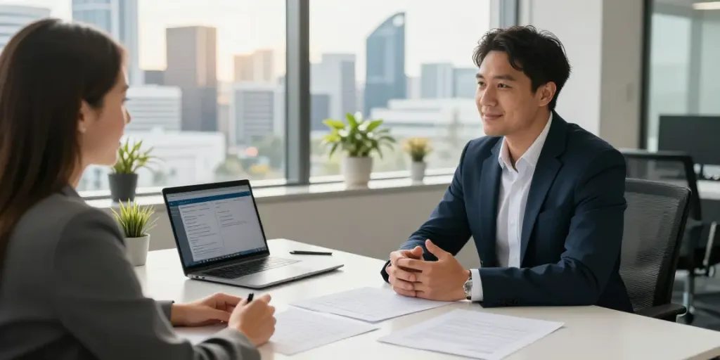 Finance Broker in Brisbane consulting with a client over loan options in a modern office.