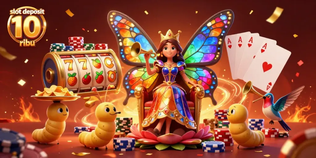 Engaging 3D illustration depicting "slot deposit 10 ribu" with a butterfly queen, vibrant slot elements, and festive casino ambiance.