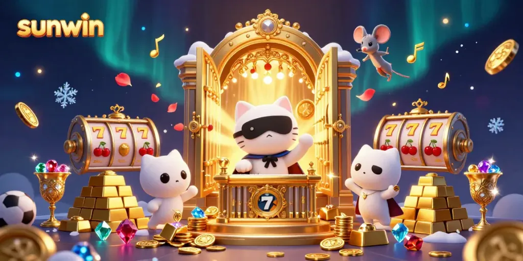 Experience thrilling gameplay at Sunwin's vivid casino with dynamic characters, slot reels, and sparkling treasures.