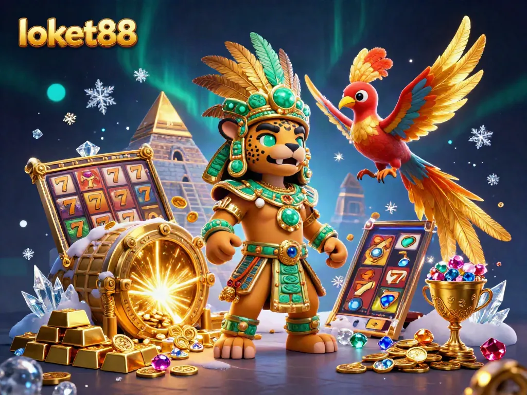 Experience the excitement of loket88 with vibrant slot elements and Mayan characters in a dynamic casino setting.