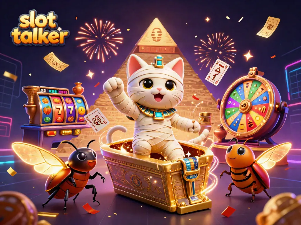 Experience thrilling gameplay with slot talker in a vibrant casino scene featuring a mummy and scarab.