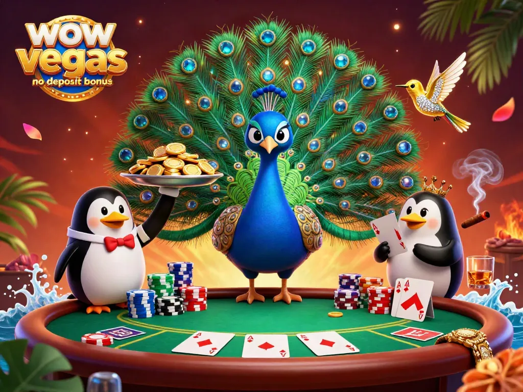 Experience the thrill of the WOW Vegas no deposit bonus with vibrant 3D casino characters and game elements.