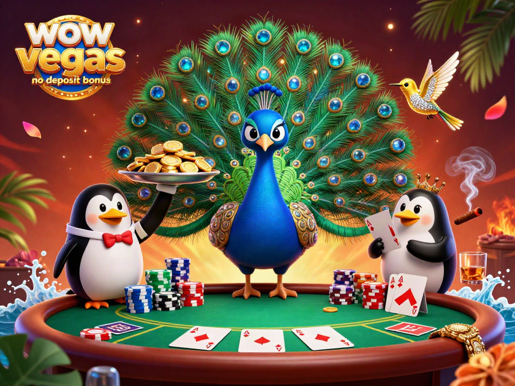 Experience the thrill of the WOW Vegas no deposit bonus with vibrant 3D casino characters and game elements.