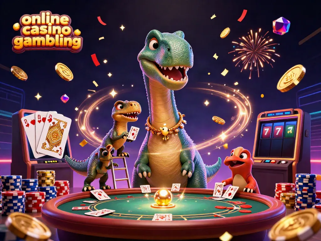 Experience a vibrant scene of online casino gambling with a brontosaurus and clever raptor amidst colorful gaming elements.