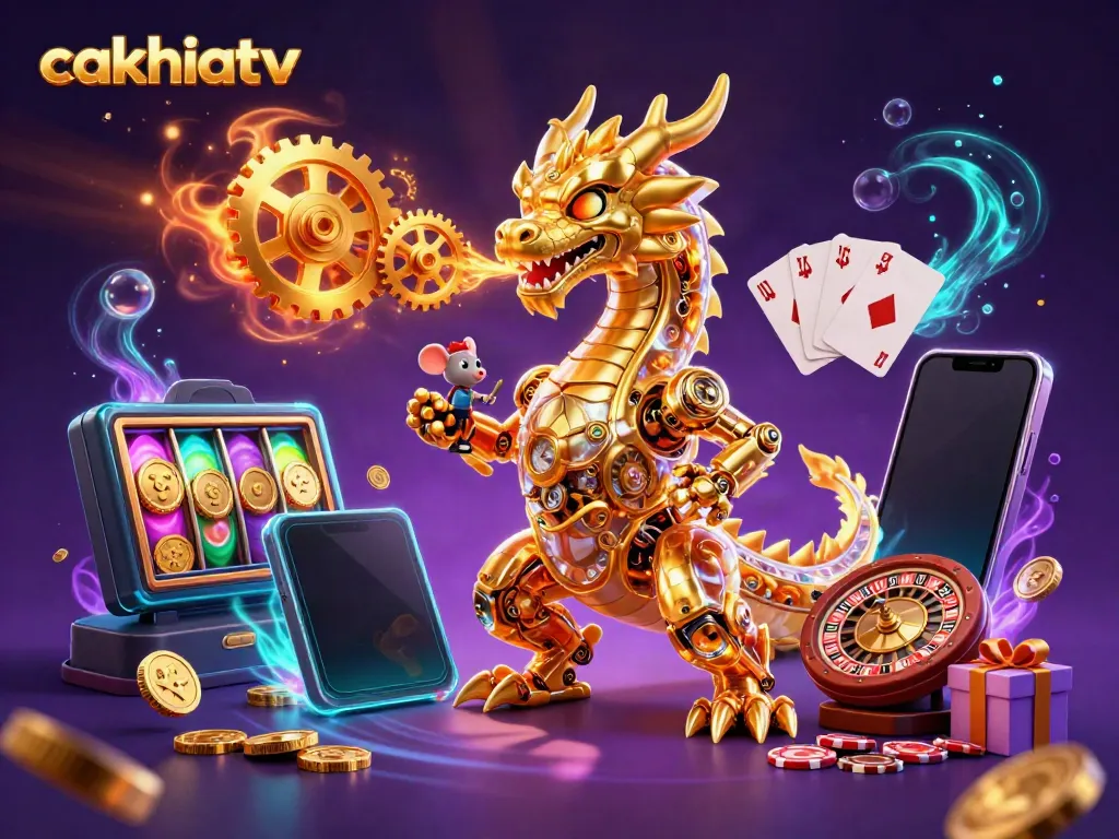 Experience thrilling moments with cakhiatv as a golden dragon breathes gears surrounded by dynamic casino elements.