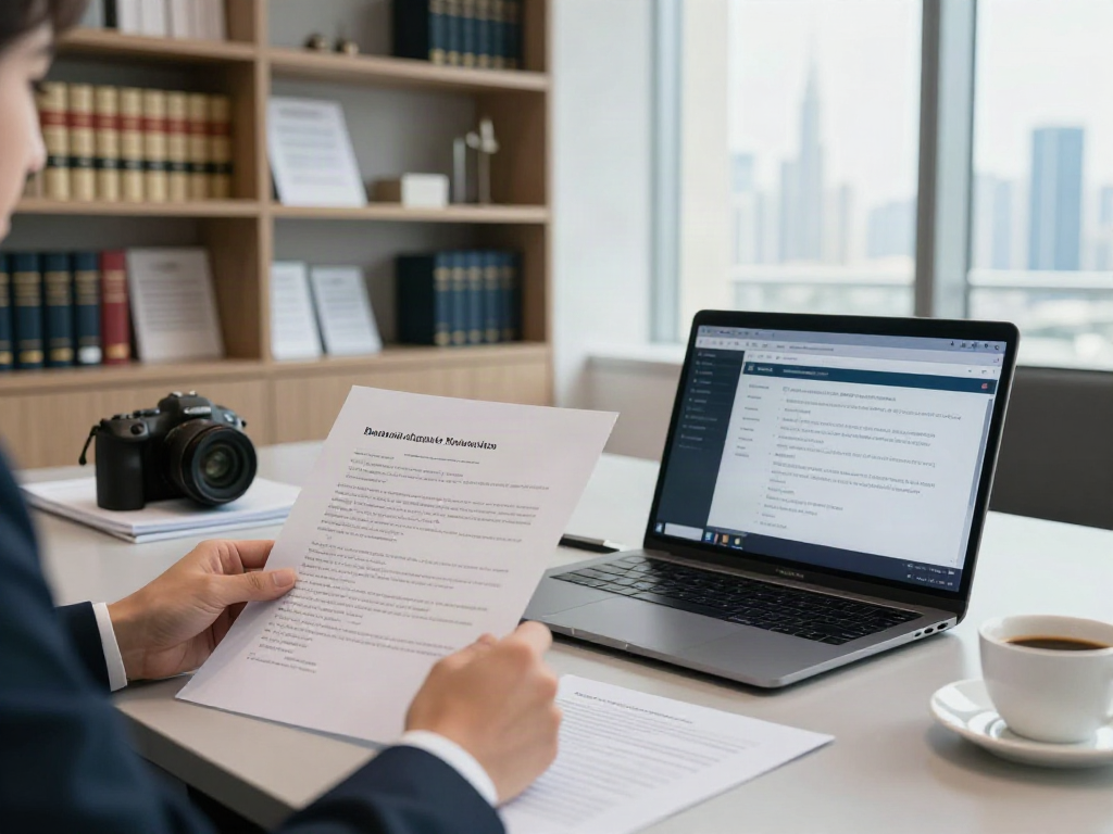 Banking Dispute Resolution in Dubai, lawyer analyzing documents in a modern office with skyline view.