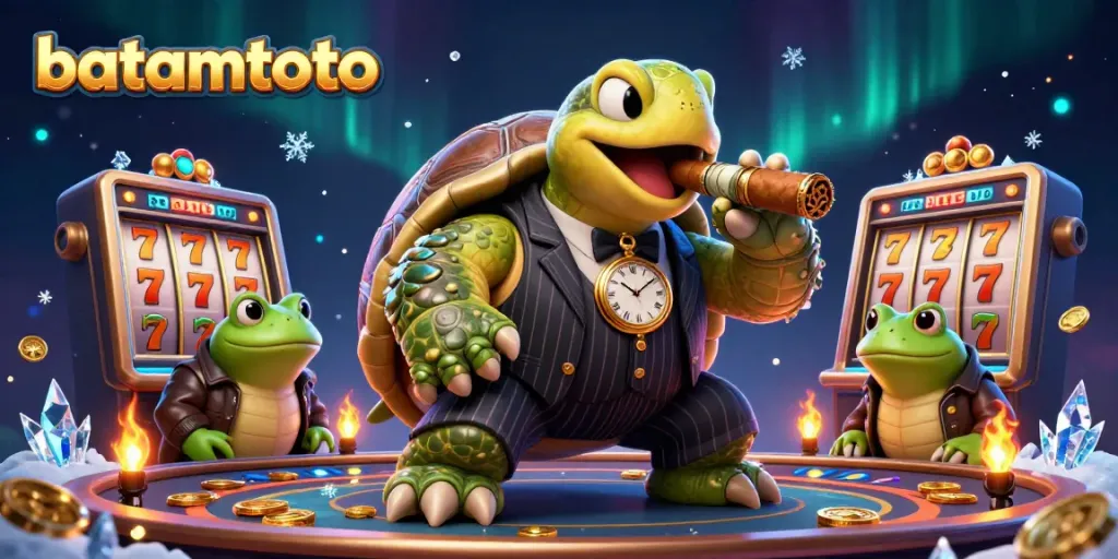 Experience the thrill of batamtoto with a fun, lively scene of characters interacting on a vibrant casino floor, illuminating joy.