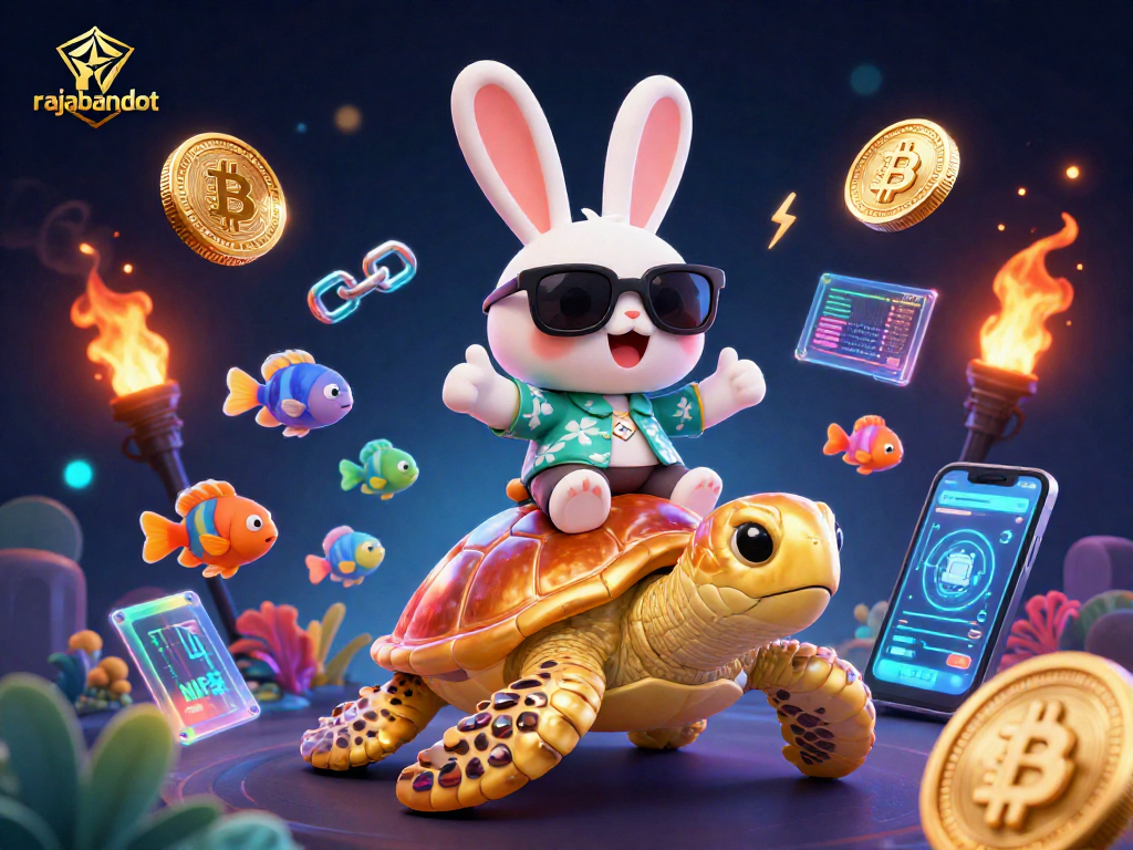 Raih kemenangan di rajabandot dengan ilustrasi kartun 3D kelinci cantik dan kura-kura emas.