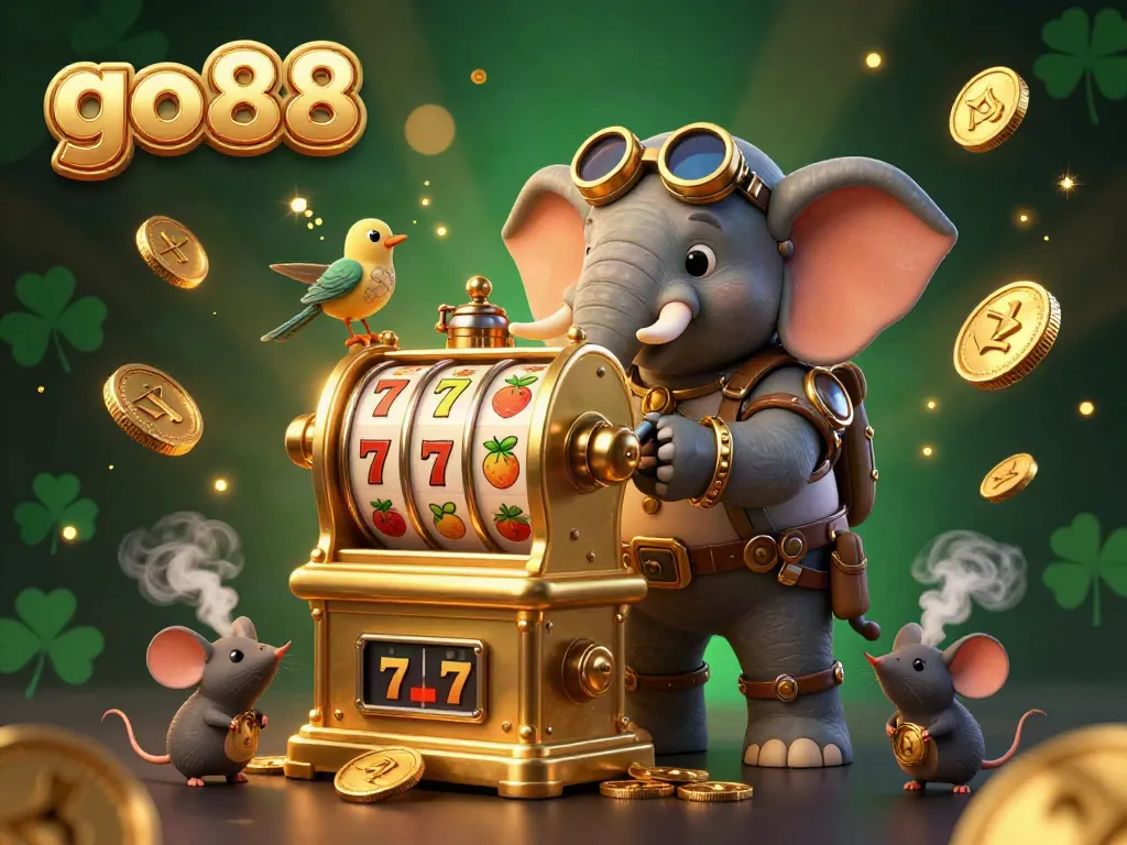 Engage in exciting gameplay at go88 with vibrant slots and a whimsical steampunk elephant character.