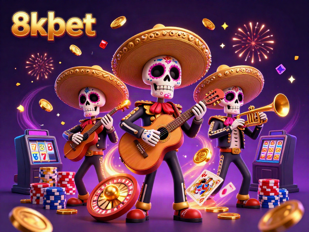 Experience the thrill of 8xbet with vibrant mariachi skeletons, casino games, and festive elements.