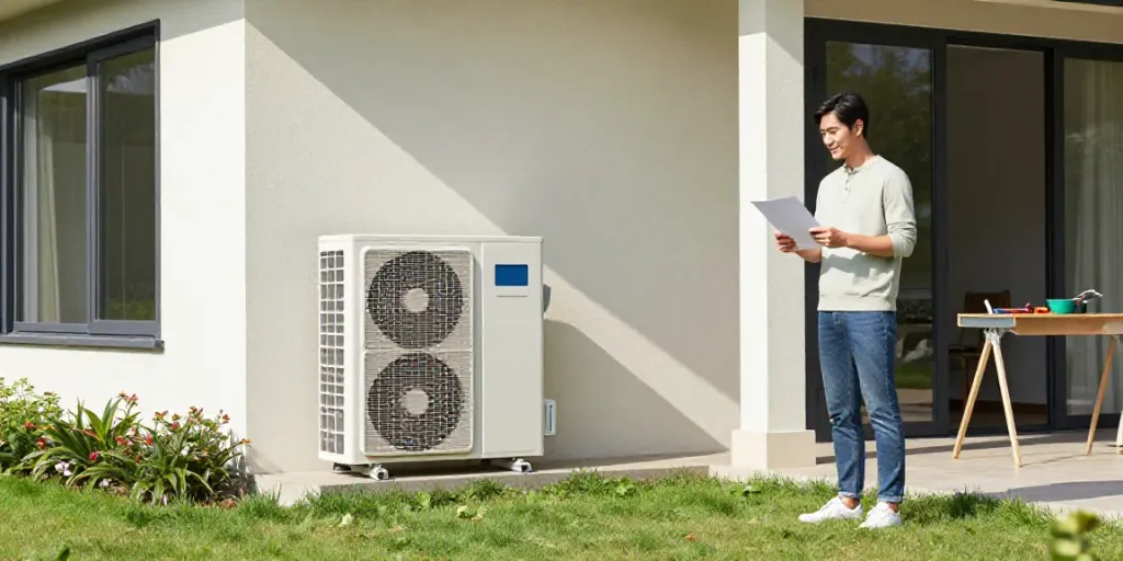 Heat Pumps & Gas Heater Replacement showcased in modern home with owner reviewing efficiency.