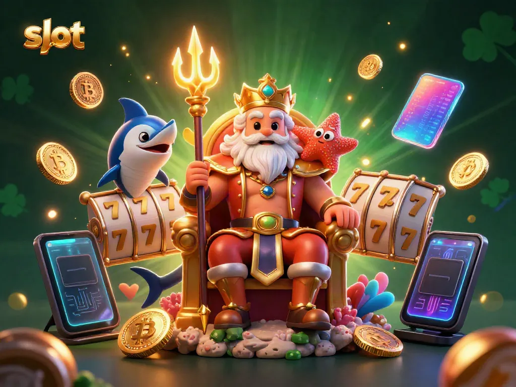 Engaging slot-themed 3D illustration featuring Neptune and symbols like jackpot counters and glowing coins.