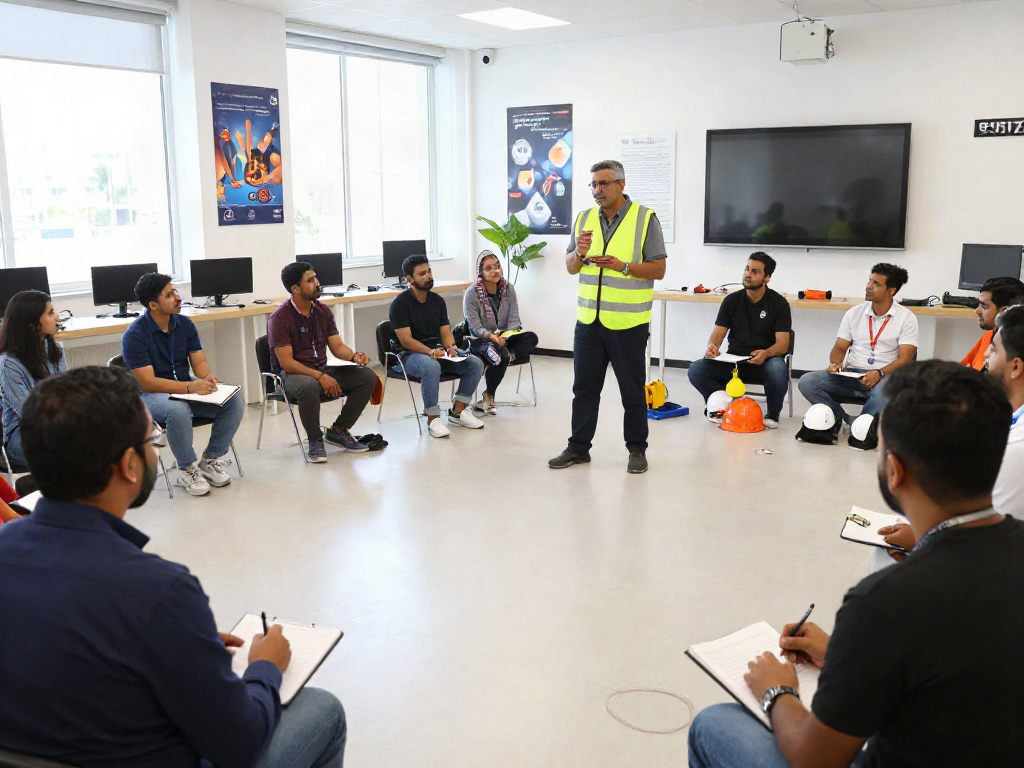 Training Institute Saudi Arabia hosting an interactive health and safety workshop with engaged learners and professional instructor.