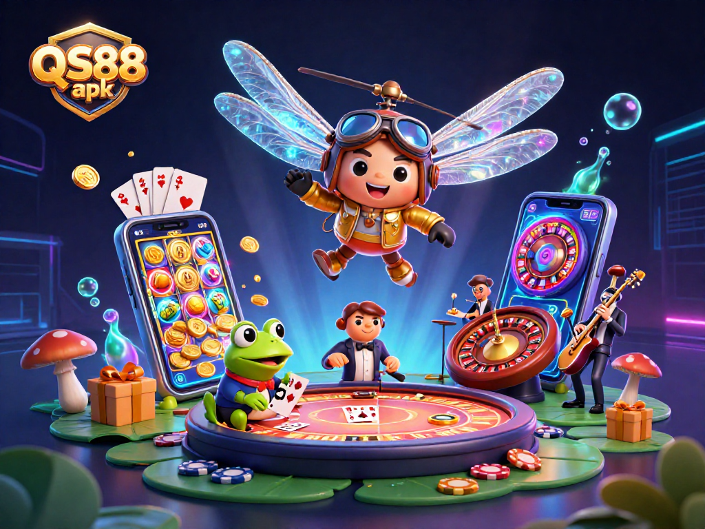 Engage with the thrill of the QS88 apk featuring a lively casino scene dominated by a dragonfly pilot and a frog dealer.