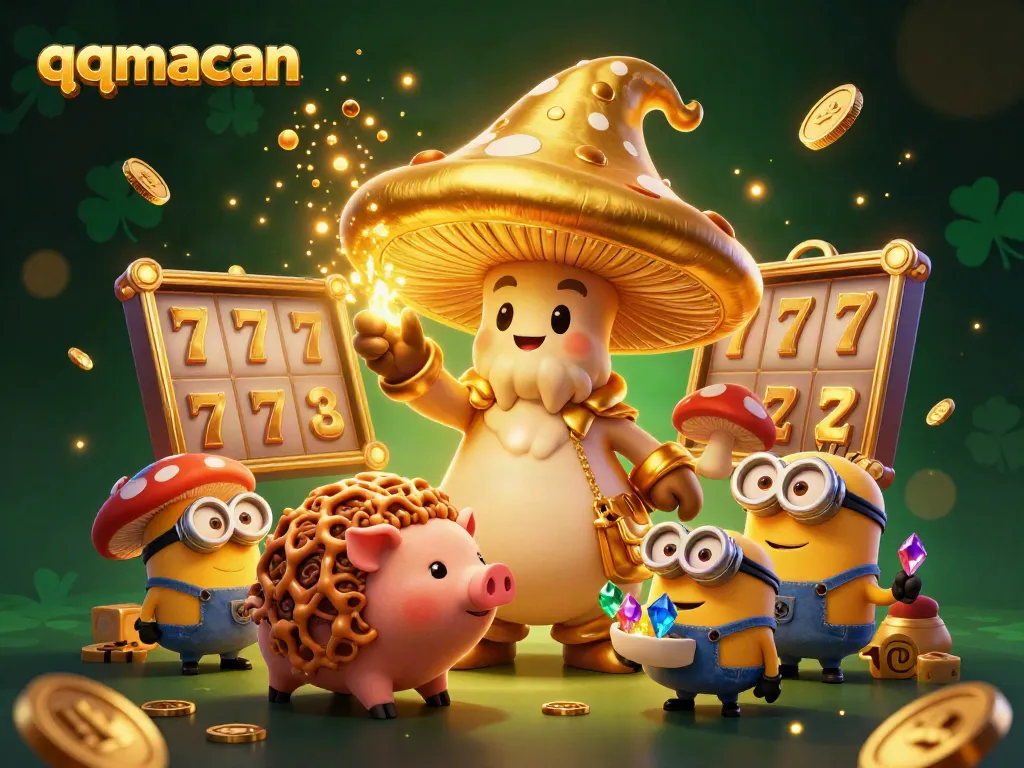 Engage in thrilling slots with qqmacan's golden wizard and magic treasures in a vibrant digital casino scene.