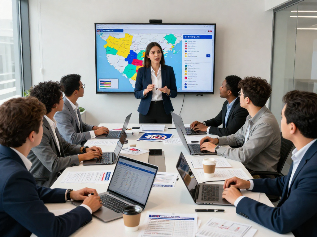 Strategic planning meeting with a team discussing AI search optimization for candidates in a modern political campaign office.