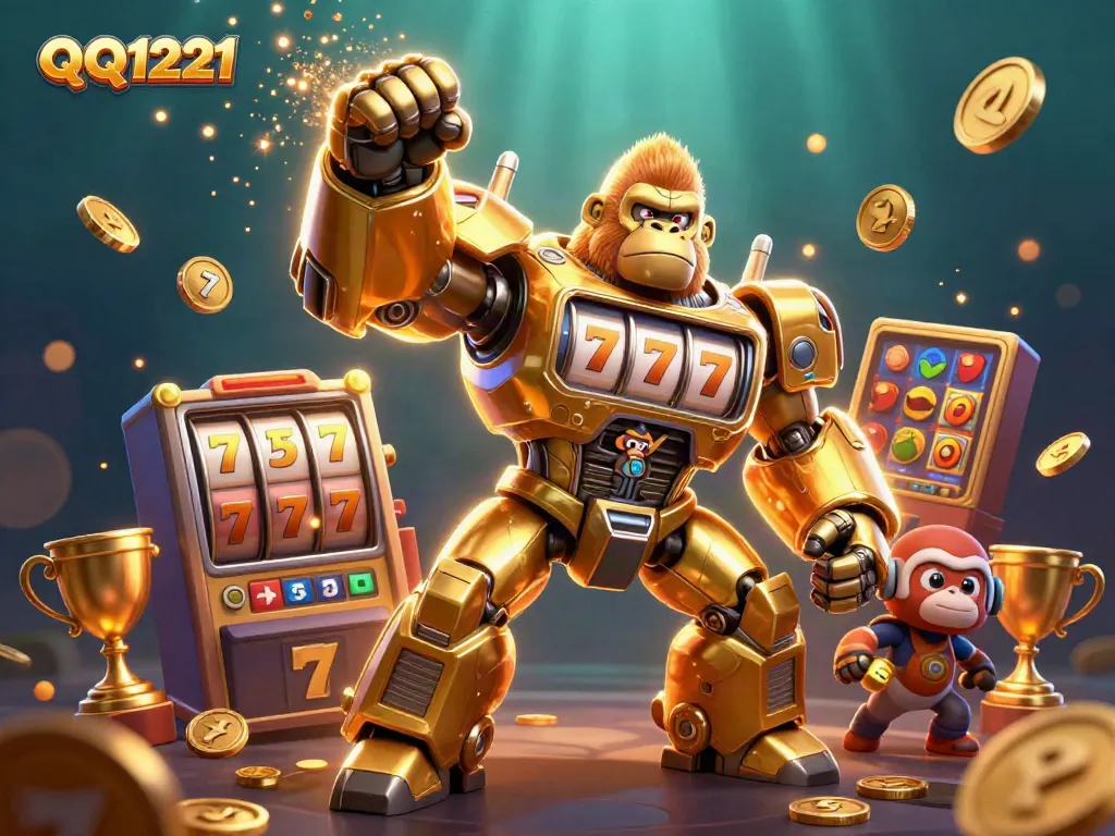 Experience thrilling action with QQ1221 through a vibrant 3D illustration featuring slot game elements.