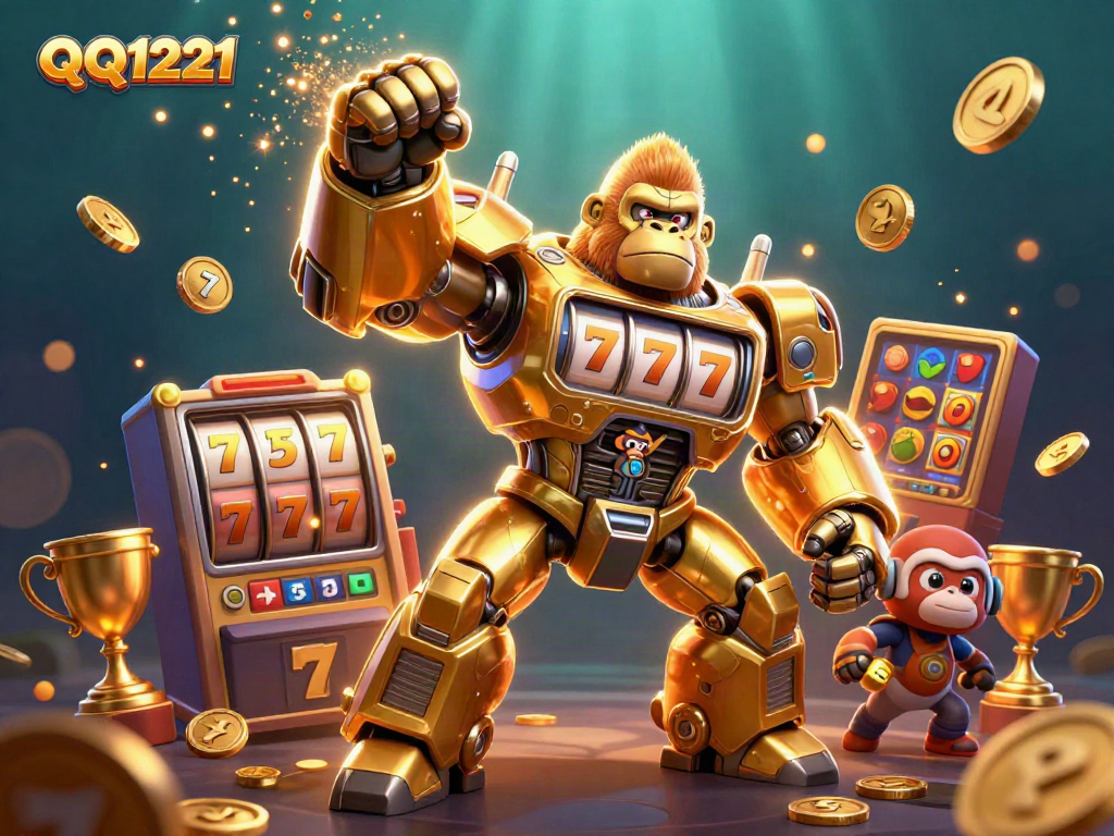 Experience thrilling action with QQ1221 through a vibrant 3D illustration featuring slot game elements.