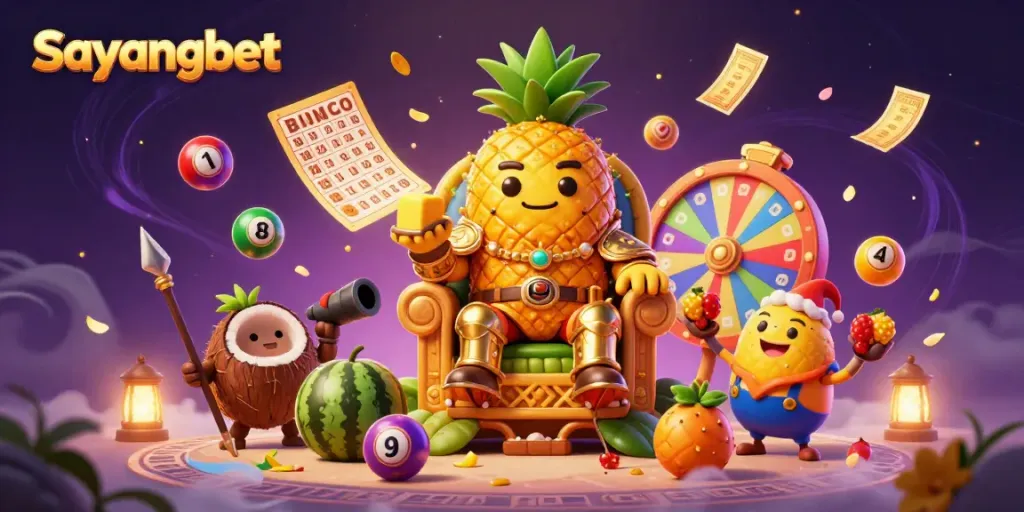 Experience the thrill of jackpot gaming with sayangbet's vibrant golden pineapple king illustration.