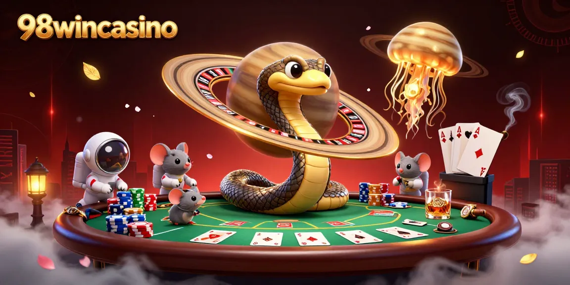 Engage in cosmic gaming at 98wincasino with a vibrant 3D illustration featuring roulette mechanics and playful astronaut mice.