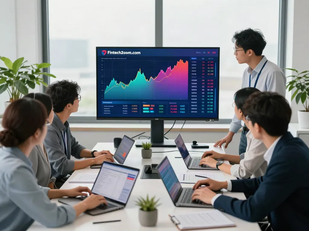 Team of analysts discussing market trends from FintechZoom.com in a modern office environment.
