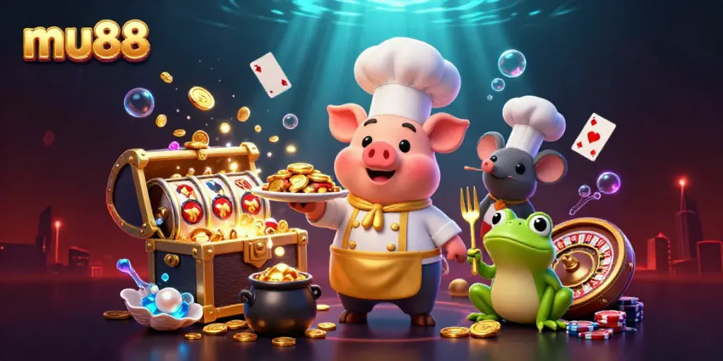 Experience the thrill at mu88 Casino with vibrant elements and playful characters in a dynamic gambling scene.