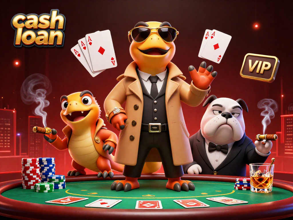 Experience the engaging world of cash loans in a fun, illustrated scene with raptors and a bulldog in a casino.